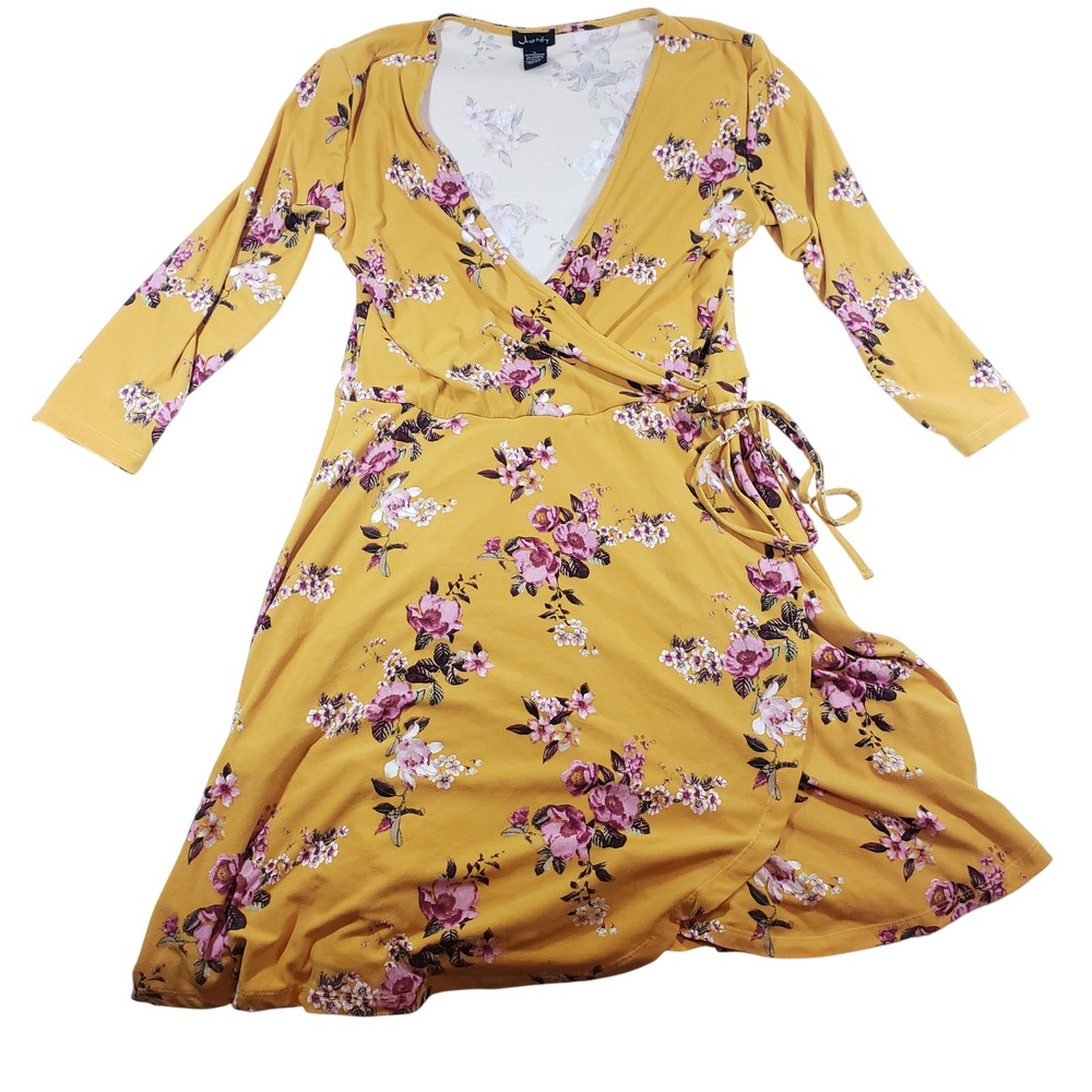 Justify Floral Wrap Dress, Long Sleeve, V-Neck, Mustard Yellow, Bohemian, Large